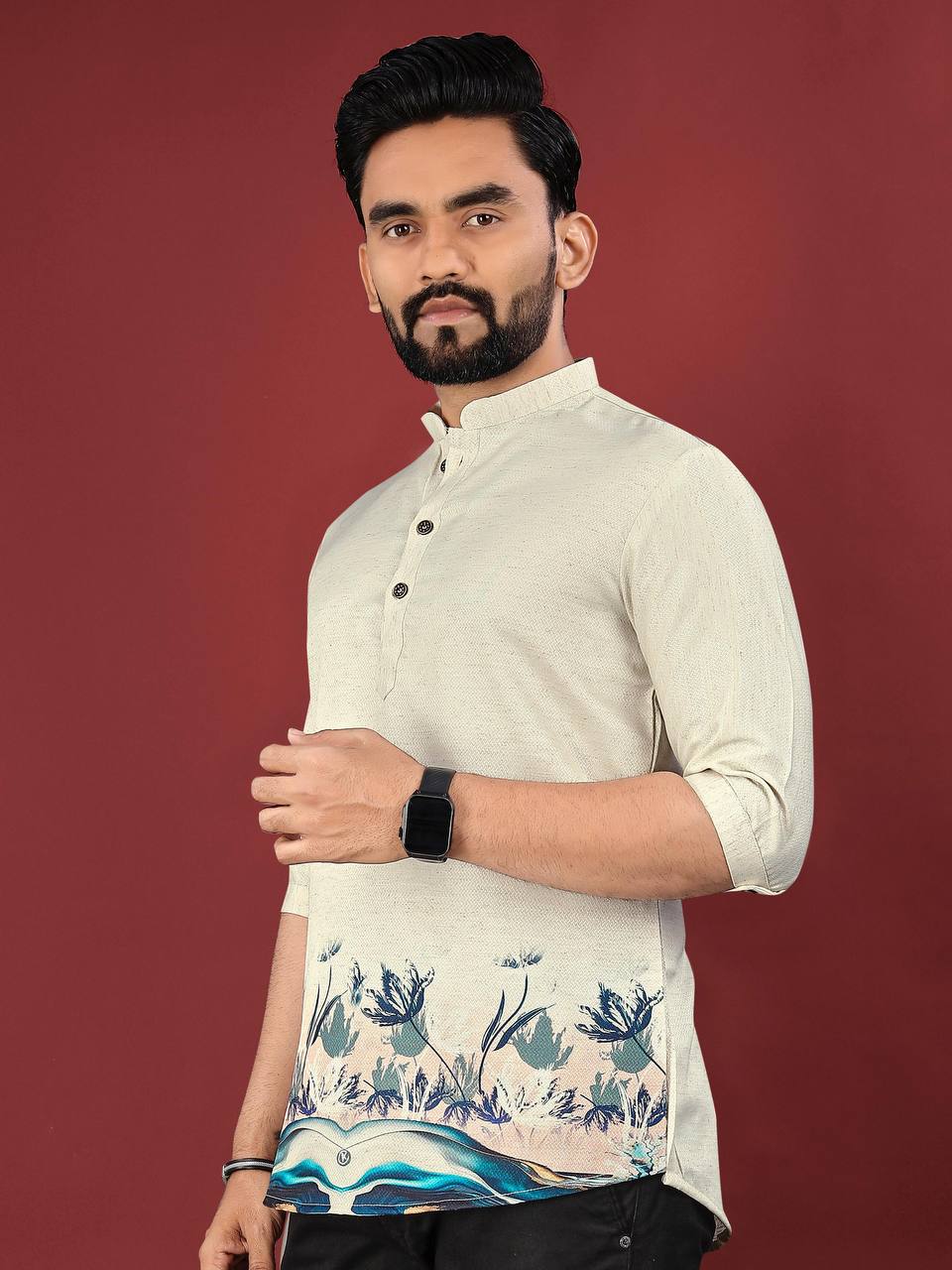 Pehrang desert bloom short kurta in beige with blue floral design worn by model with three-quarter sleeves