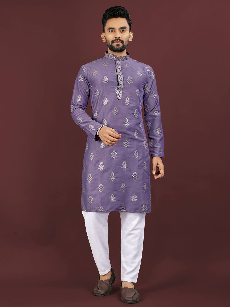 Pehrang lavender jacquard kurta set with mandarin collar and white churidar pants