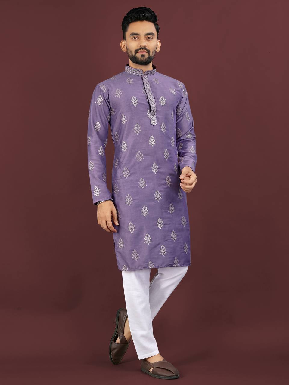 Pehrang lavender jacquard kurta set with mandarin collar and white churidar pants for men