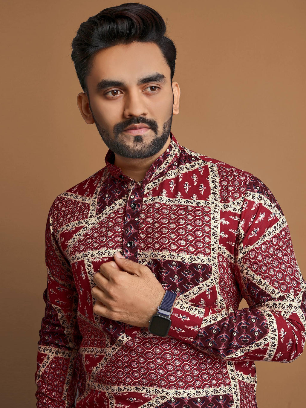 Stylish men's cotton foil print kurta in maroon and cream with intricate patterns and button details