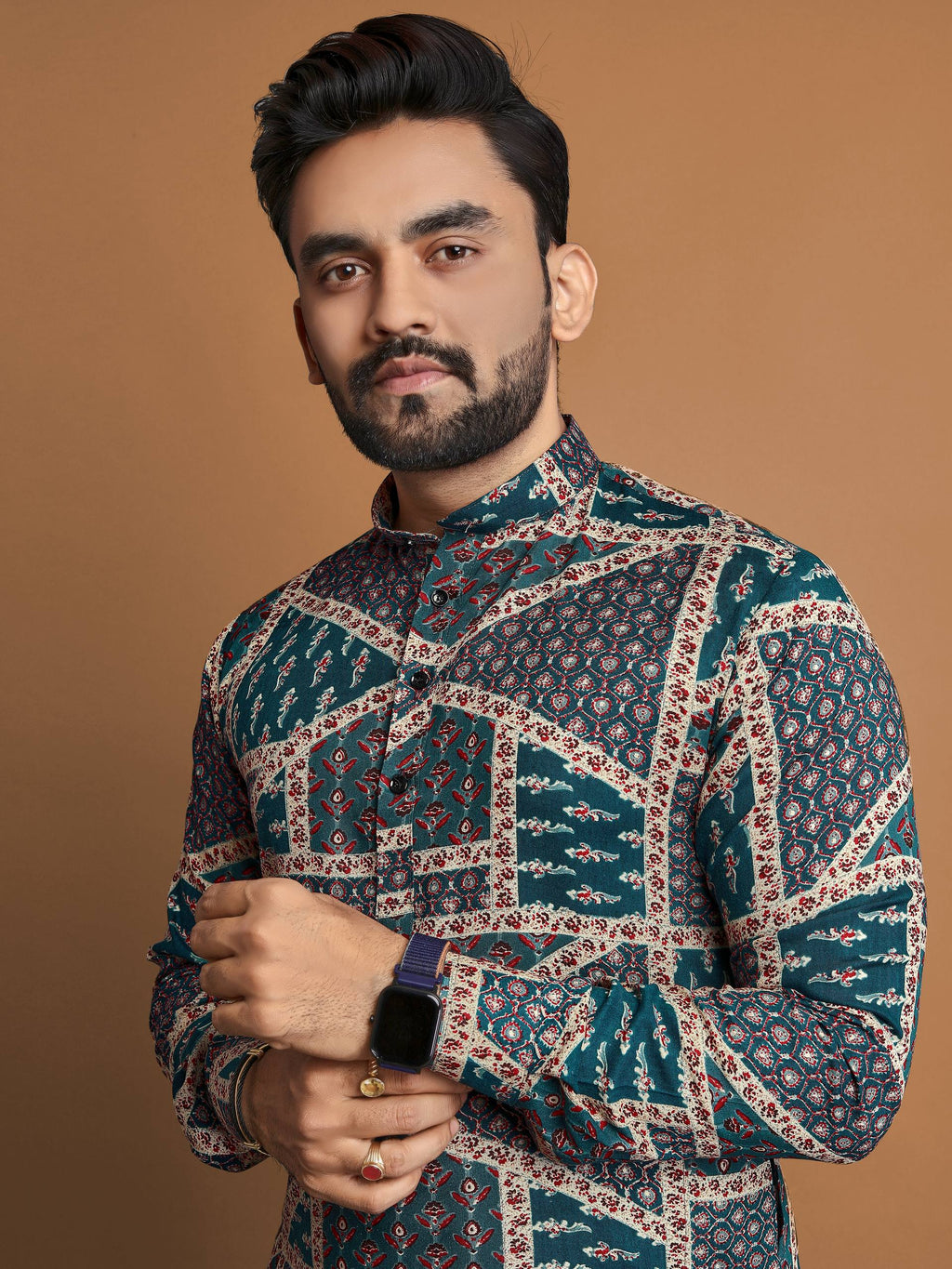 Men wearing men's cotton foil print kurta with geometric patterns and mandarin collar
