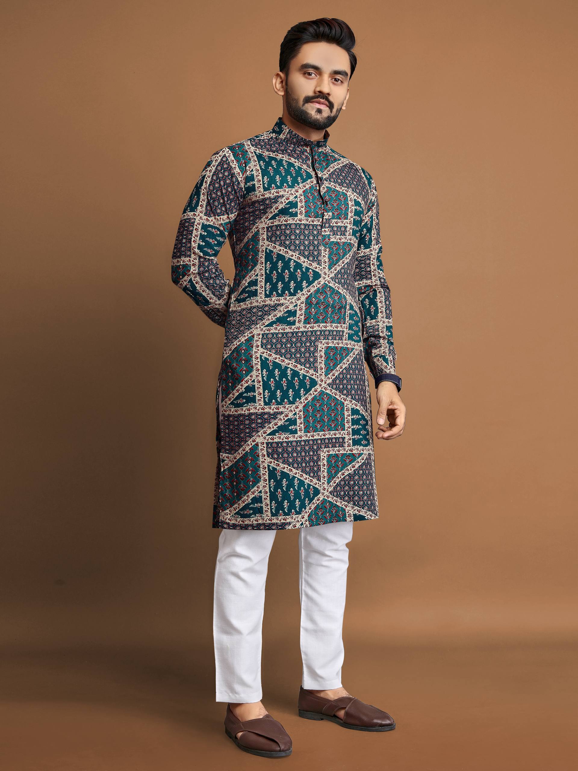 Men wearing men's cotton foil print kurta with geometric pattern and white pants