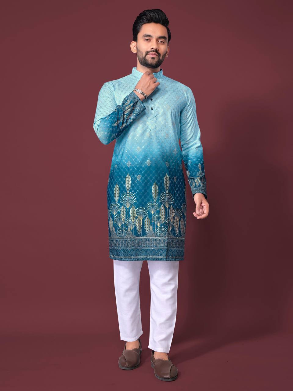 Pehrang men's ombre kurta in shades of blue with intricate patterns paired with white pants