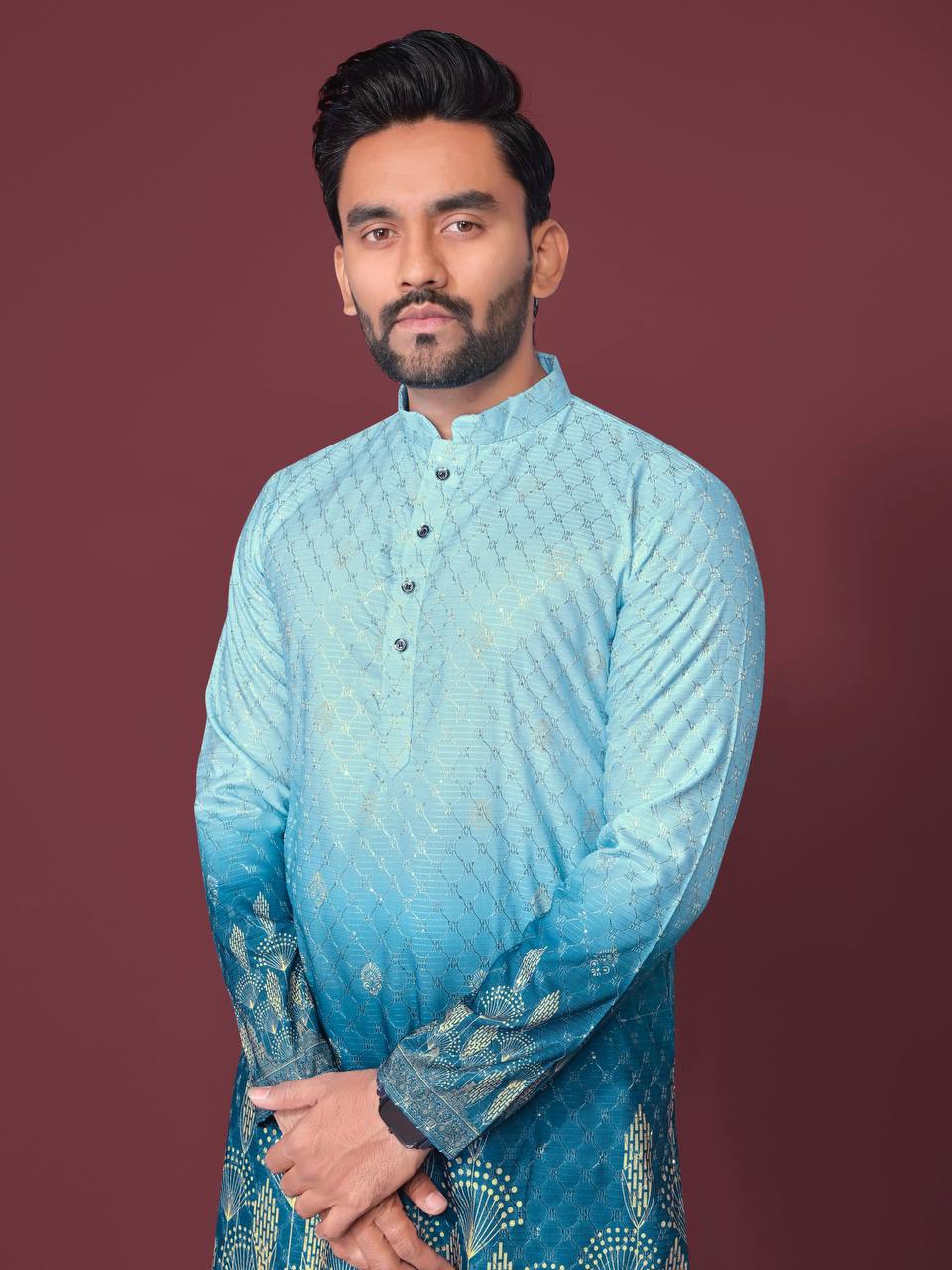 Pehrang men's ombre kurta in shades of blue with intricate gold patterns and mandarin collar