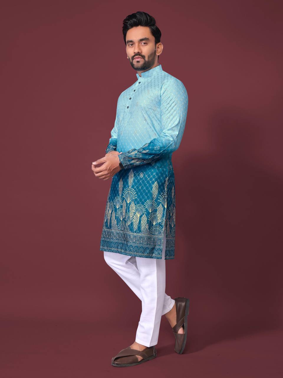 Pehrang men's ombre kurta in shades of blue with intricate patterns paired with white pants