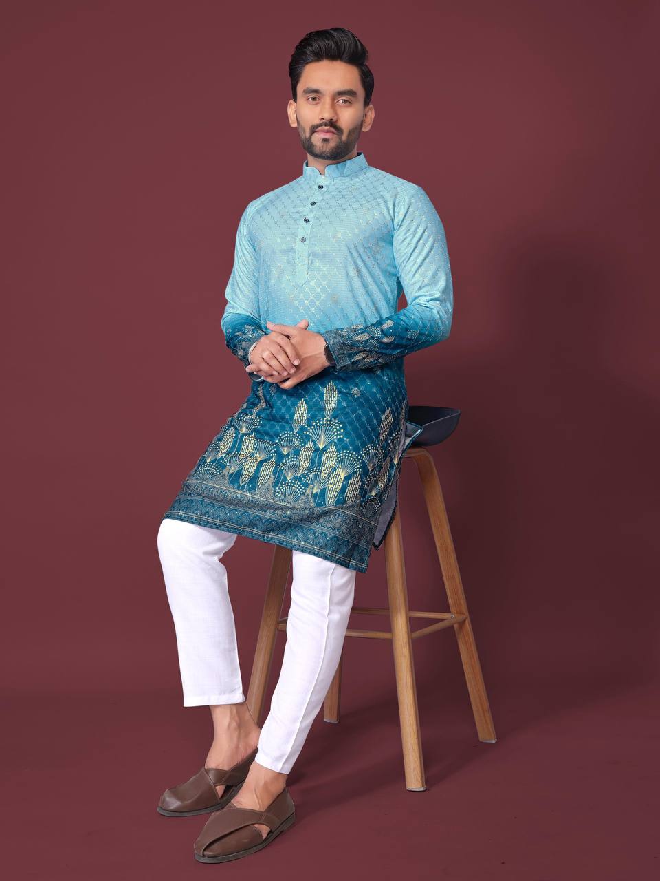 Pehrang men's ombre kurta in blue with gold floral patterns worn with white pants