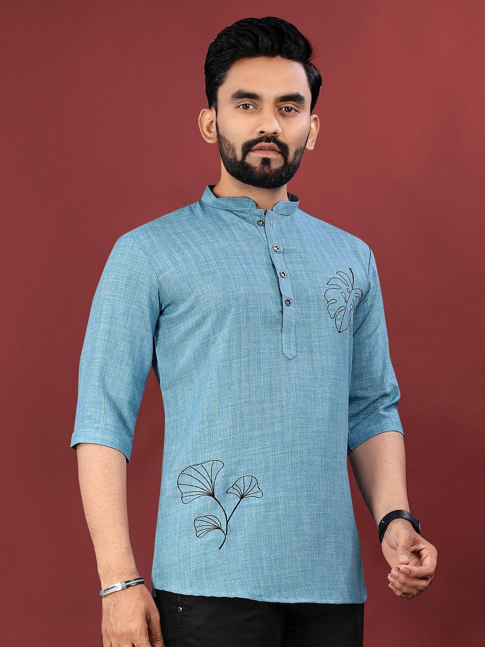 Light blue ocean leaf embroidered kurta with half sleeves and buttoned collar for men by Pehrang