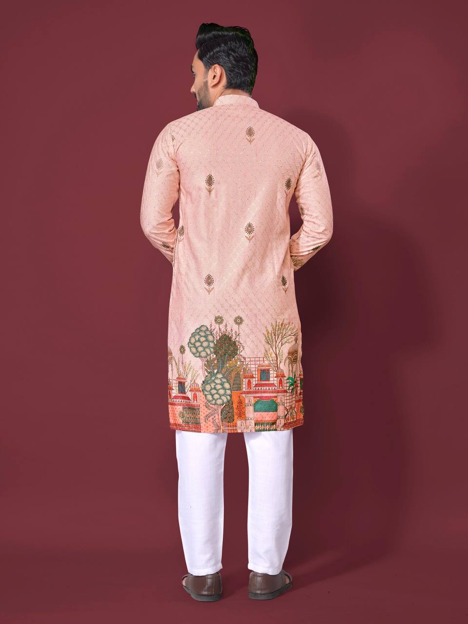 Pehrang peach print kurta for men in light peach with detailed artistic designs on back worn with white pants