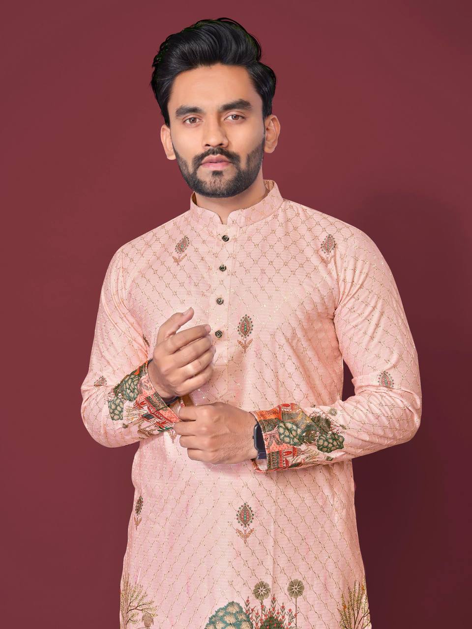 Pehrang peach print kurta for men featuring intricate floral designs and a mandarin collar
