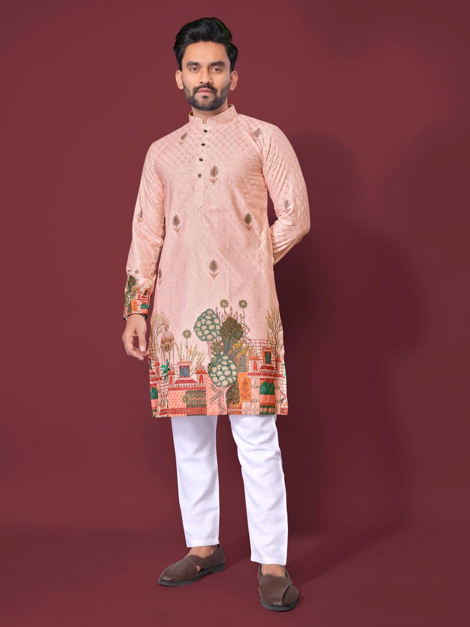 Pehrang peach print kurta for men with mandarin collar and floral border design styled with white pants