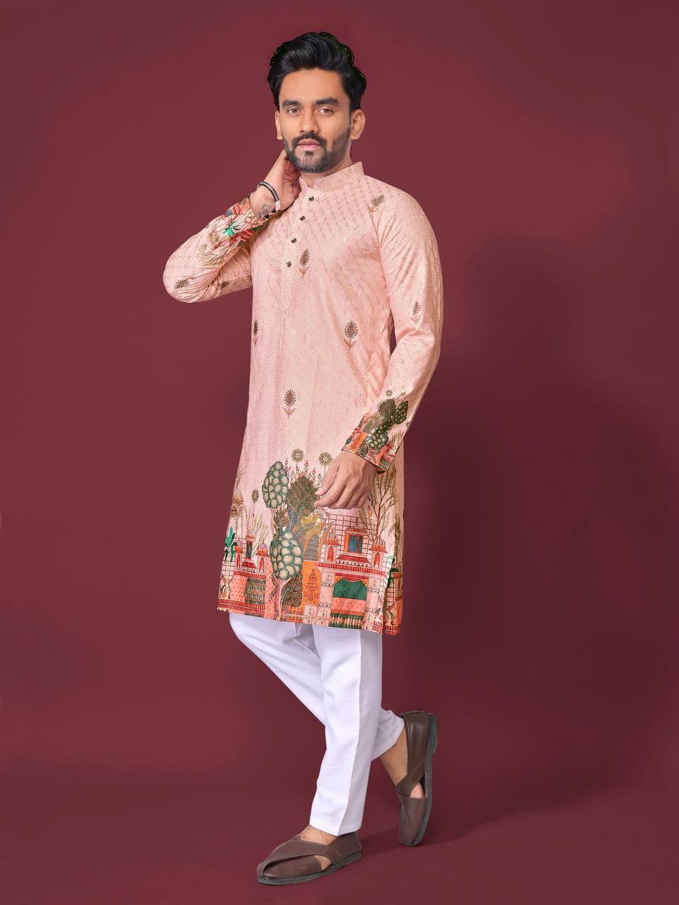 Man wearing peach print kurta for men with white pants and brown shoes by Pehrang